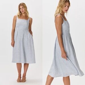 100% European Linen Fit & Flare Midi Dress in Blue Pinstripe